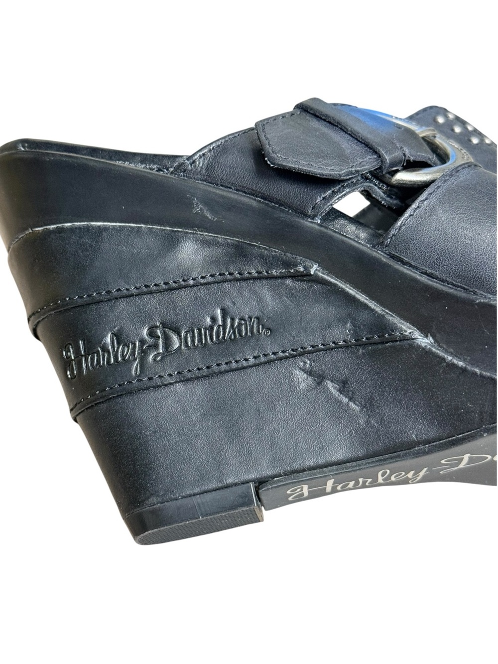 Harley-Davidson Leather Wedge Mule Clogs Black Studded Buckle Women’s 7 - Picture 12 of 13